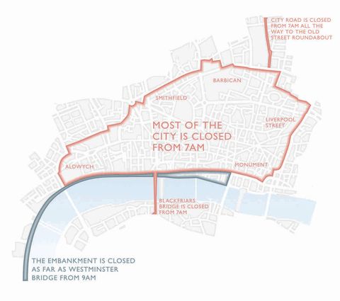 The closed area extends all the way from Aldwych to Bishopsgate